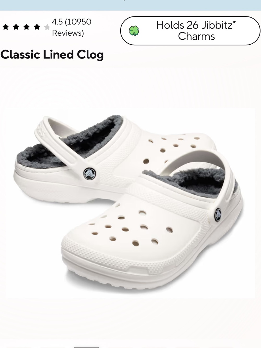 NWT Crocs Classic Lined Clog - White/ Gray Lining, Size: Mens 8/Womens 10